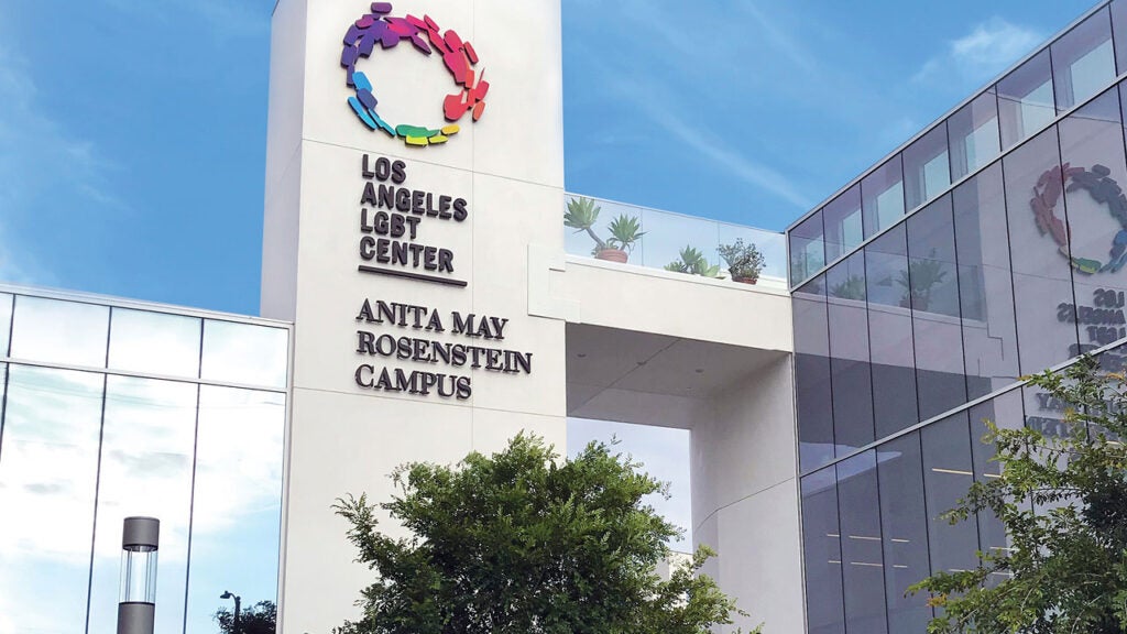 la lgbt center logo on exterior shot of pride hall