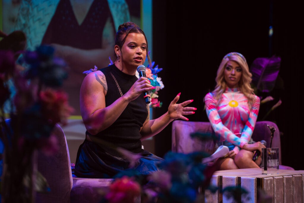 Tourmaline and Arisce Wanzer on stage at Trans Pride LA 2025