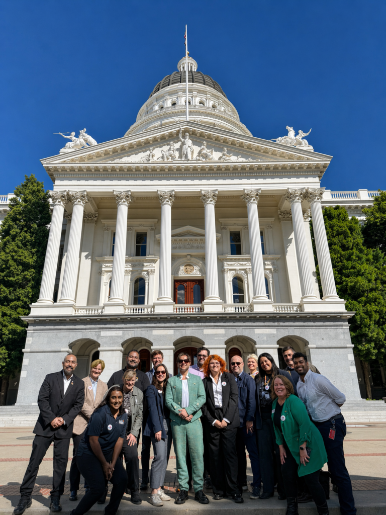 A group of people, dressed up in business casual wear, posing for a photo in front of the California State Capitol. The sky in the background is blue.