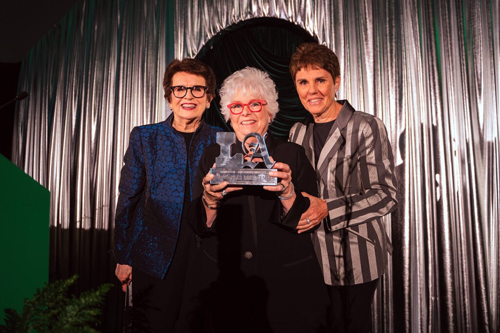 LuAnn Boylan (center) poses with Billie Jean King and Ilana Kloss on stage at the 2026 Center Gala