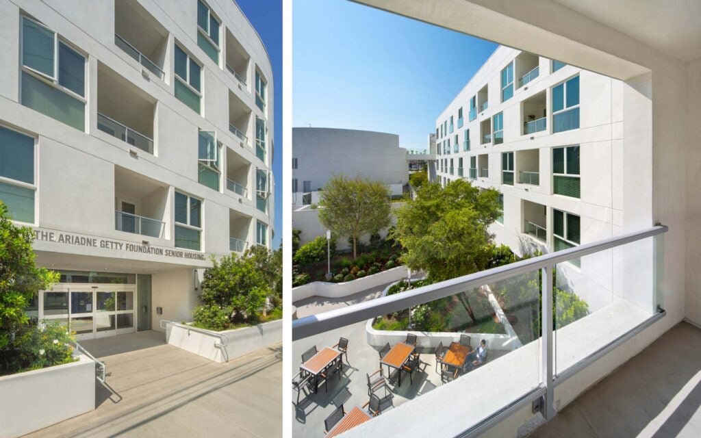 Exterior del edificio Ariadne Getty Senior Housing en el campus Anita May Rosenstein